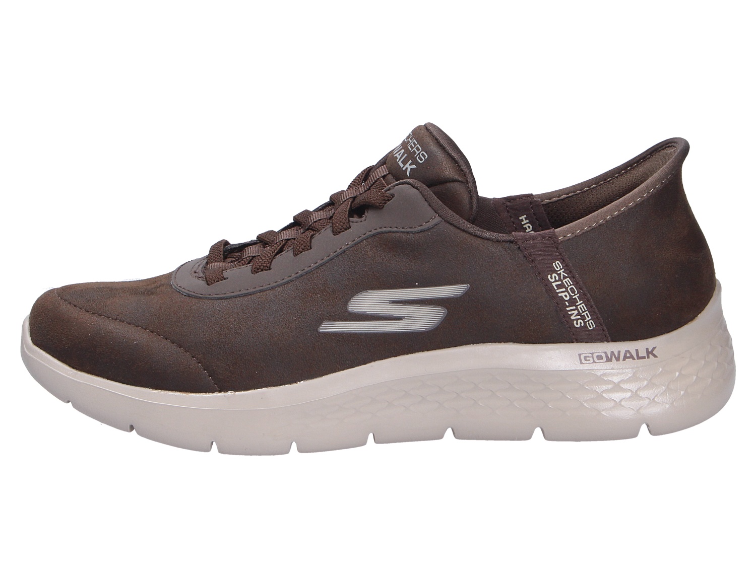 Skechers Go Walk Flex Damen-Sneaker in Braun mit Schnürung, Slip-Ins-Funktion und heller, flexibler Laufsohle in Seitenansicht