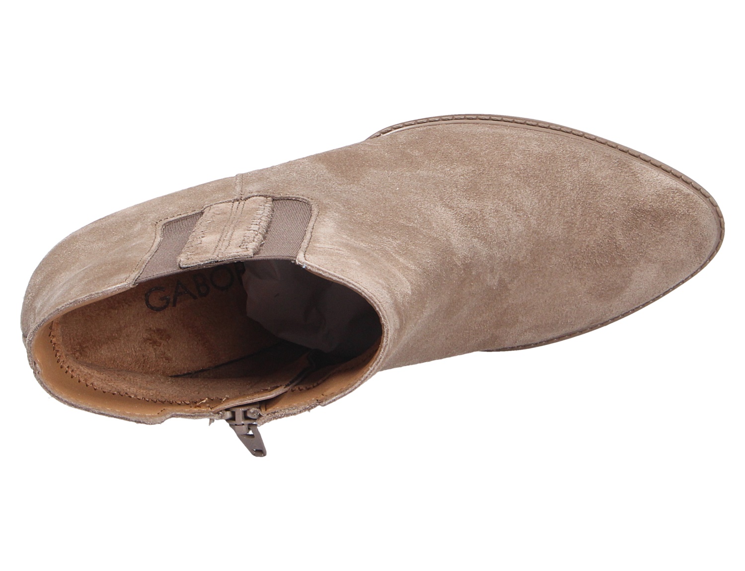 Gabor Damen Stiefel aus taupefarbenem Veloursleder, obere Ansicht mit seitlichem Reißverschluss und elastischem Einsatz
