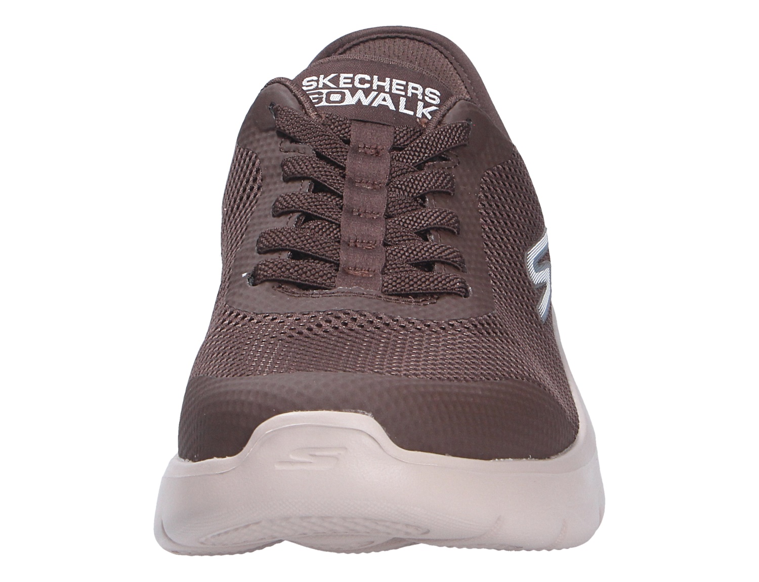 Frontalansicht des braunen Skechers Go Walk Sneakers mit Mesh-Obermaterial, Schnürung und heller Laufsohle