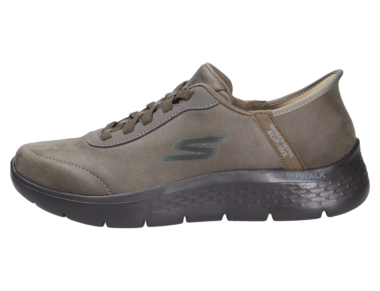 Skechers Go Walk Flex Sneaker in Taupe mit schwarzer, flexibler Sohle und Schnürung, Seitenansicht