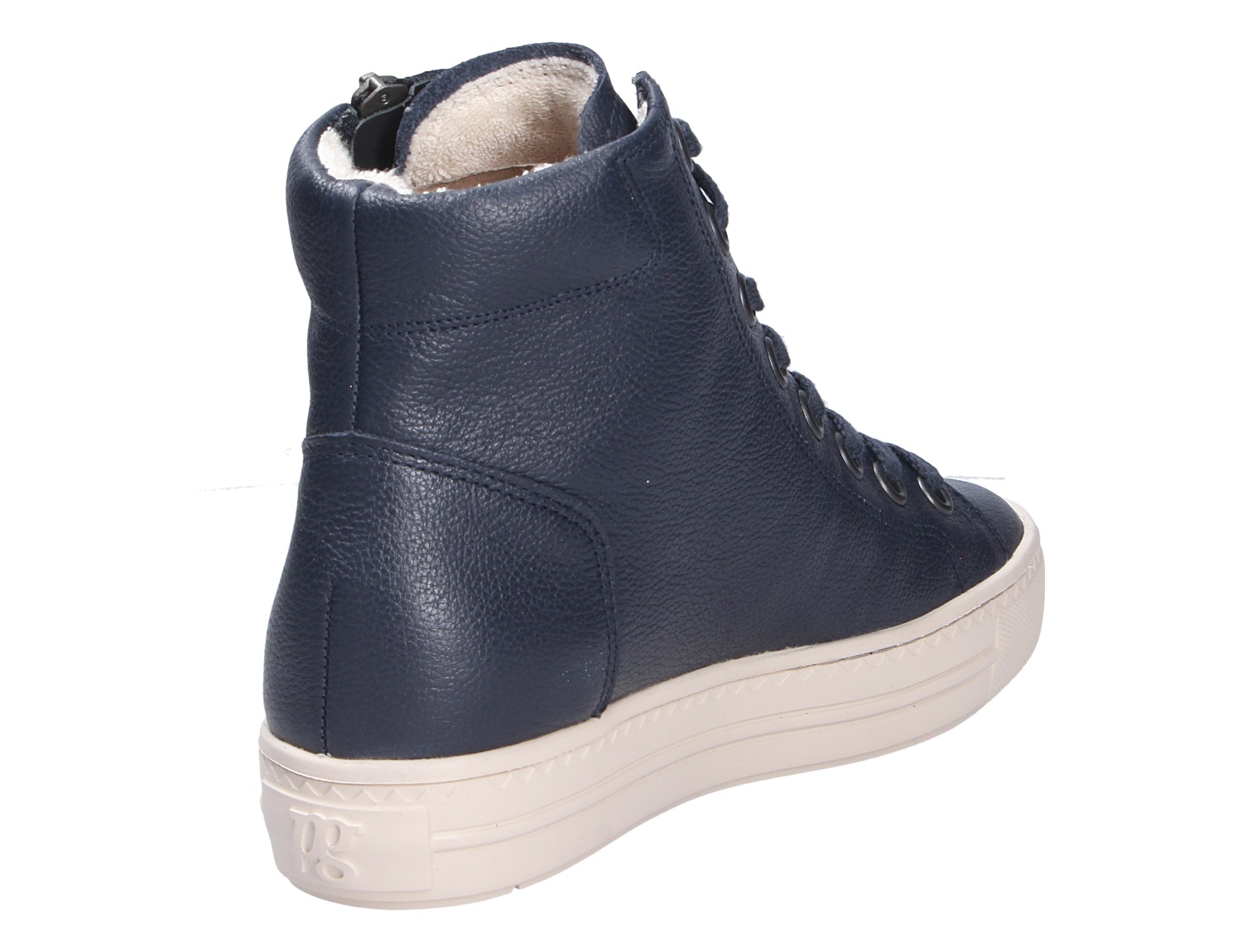 Paul Green Damen Sneaker aus dunkelblauem Leder, hoher Sneaker mit Reißverschluss, Schnürung und heller Plateausohle in Rückansicht