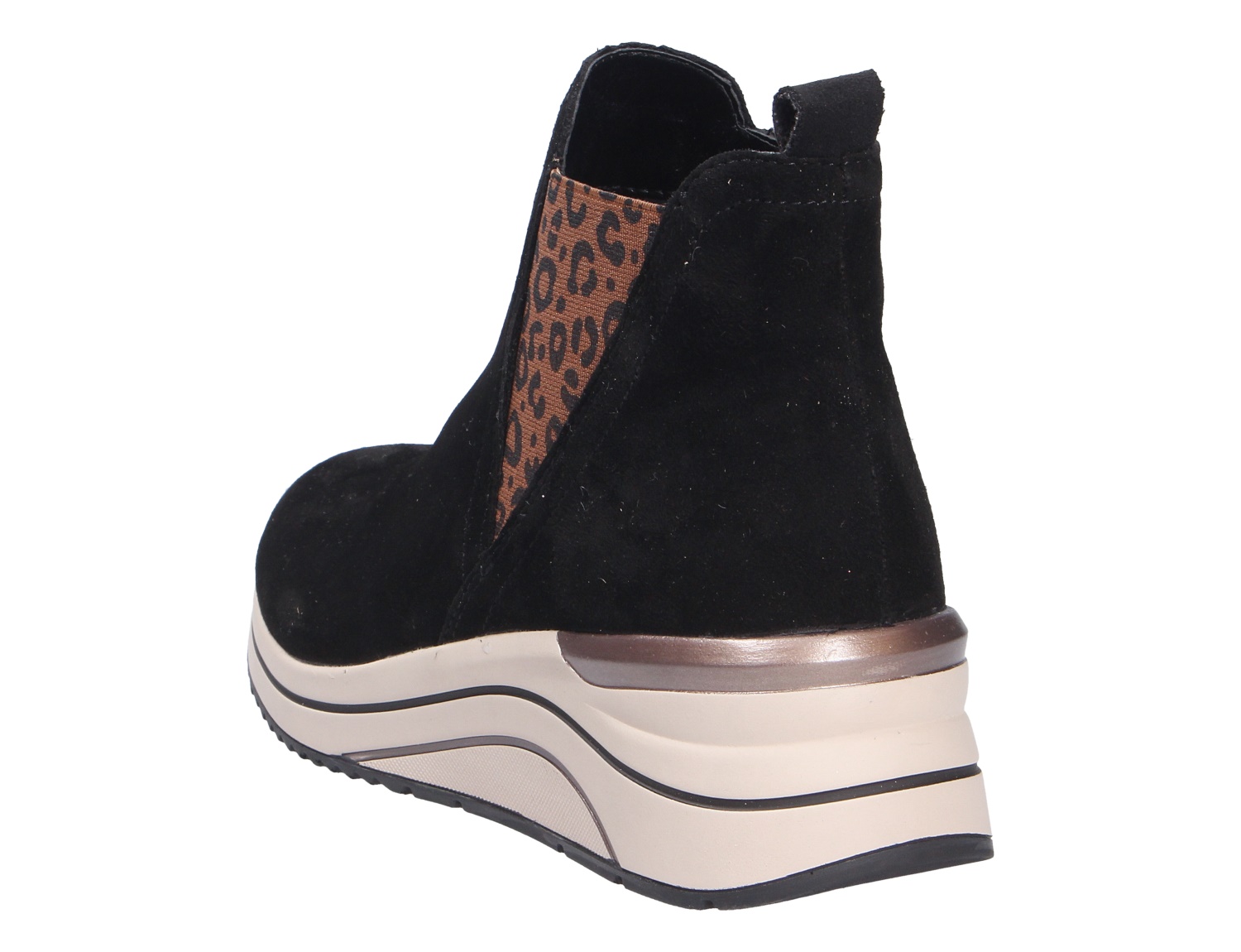 Remonte Damen Stiefel, schwarzer Chelsea-Boot mit Keilsohle und seitlichem Elastikeinsatz im Leopardenmuster, Rückansicht
