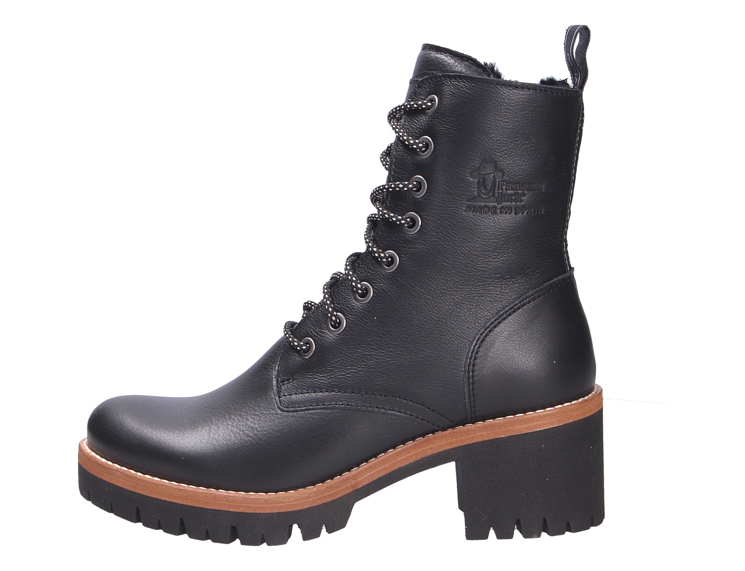 Panama Jack Padma Damen-Schnürstiefelette aus schwarzem Leder mit warmem Innenfutter, Blockabsatz und markanter Profilsohle