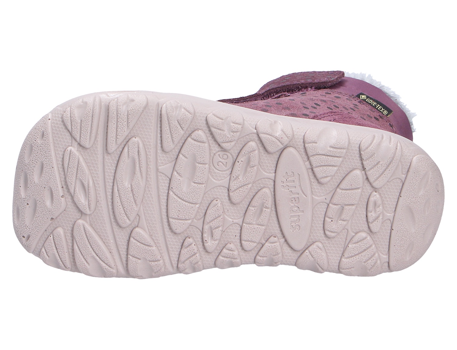 Unterseite des Superfit WALDERI Kinderschuhs in Rosa mit profilierter, rutschfester Laufsohle und GORE-TEX-Detail