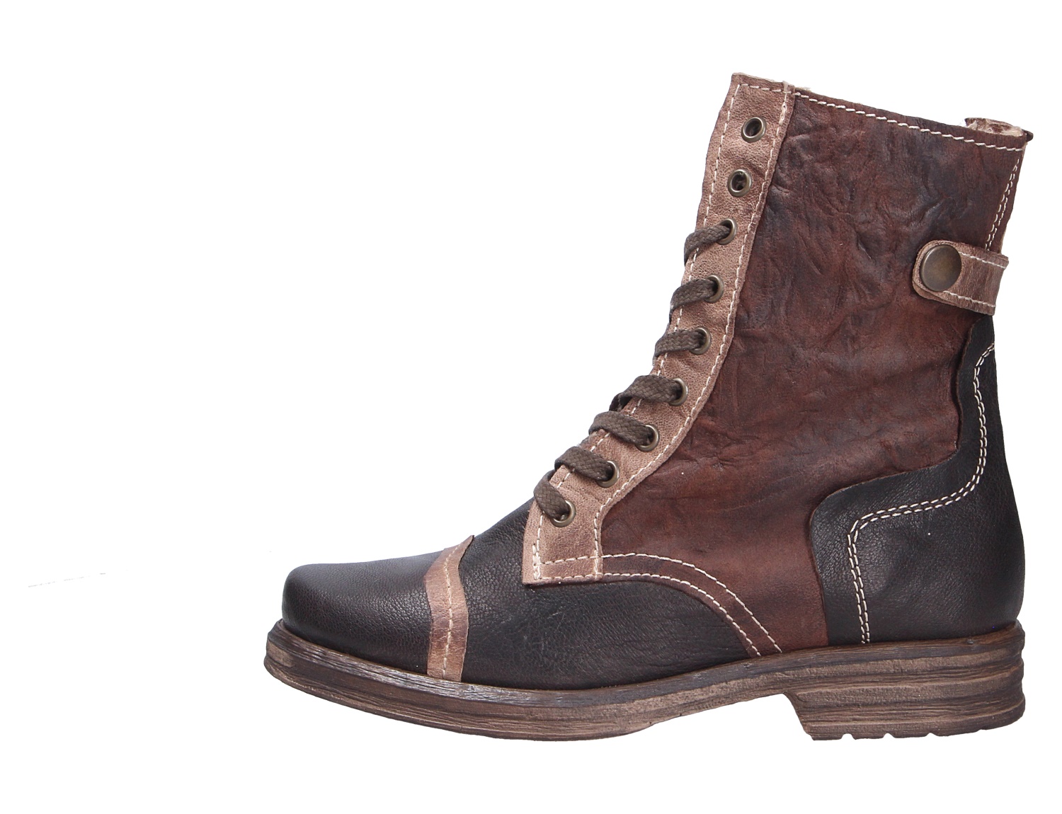 Charme Etnic 26 Damen-Stiefelette in Braun-Schwarz, seitliche Ansicht, mit Schnürung, Zierlasche und markanter Used-Optik