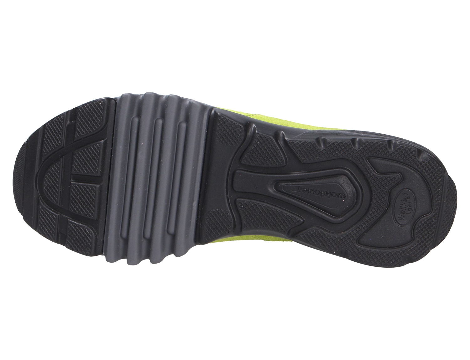 Unteransicht der schwarzen Laufsohle des grünen Waldläufer H-Amiata Damen-Sneakers aus Veloursleder mit sportlichem Profil für komfortable Alltags- und Spaziergänge