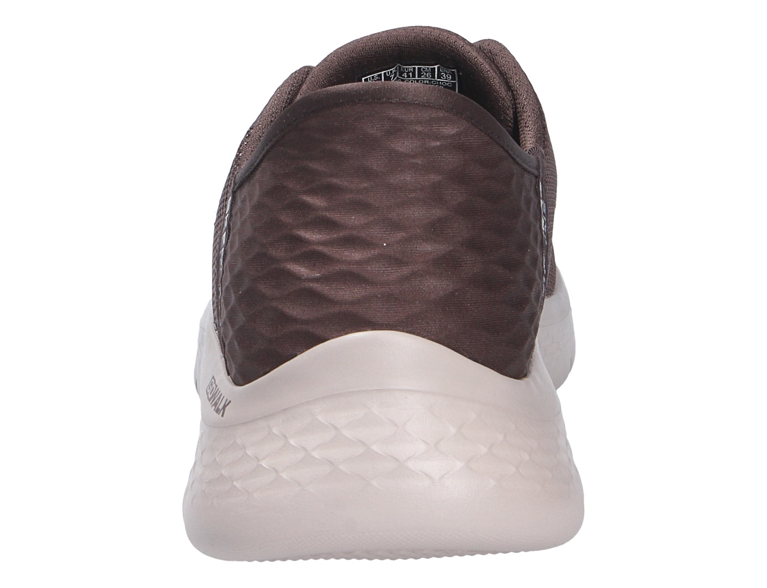Rückansicht des Skechers Go Walk Sneakers mit dunkelbraun strukturierter Ferse und weißer, dämpfender Sohle