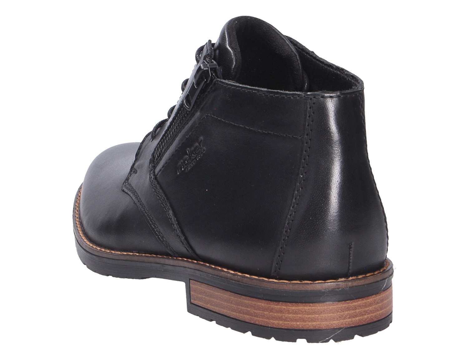 Rieker Herren Stiefel in Schwarz, Rück- und Seitenansicht, aus glattem Leder mit Reißverschluss, Schnürung und robuster Sohle