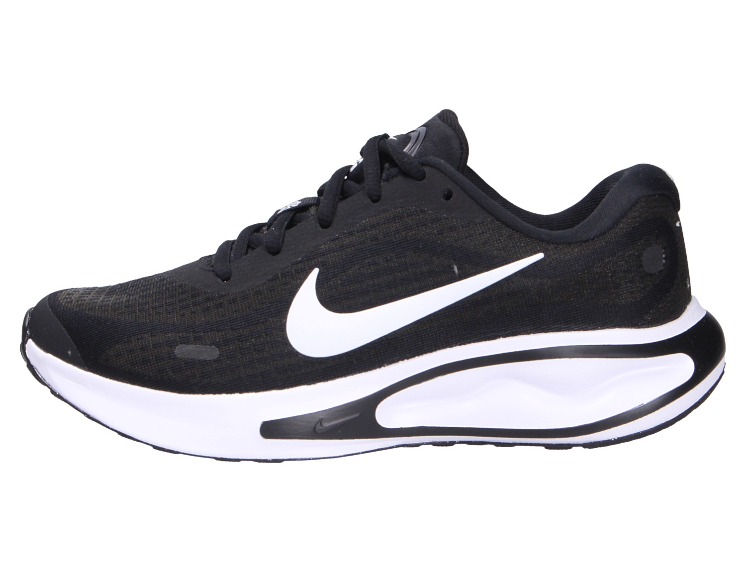 Nike Journey Women's Road Damen-Sneaker in Schwarz-Weiß mit weißem Swoosh und dicker Laufsohle, sportlicher Alltagsschuh in Seitenansicht