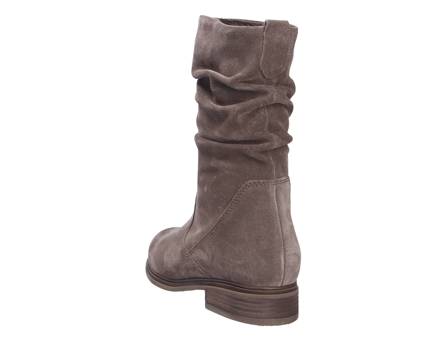 Gabor Damen Stiefel in Taupe aus Veloursleder mit gerafftem Schaft und flachem Absatz, Seitenansicht