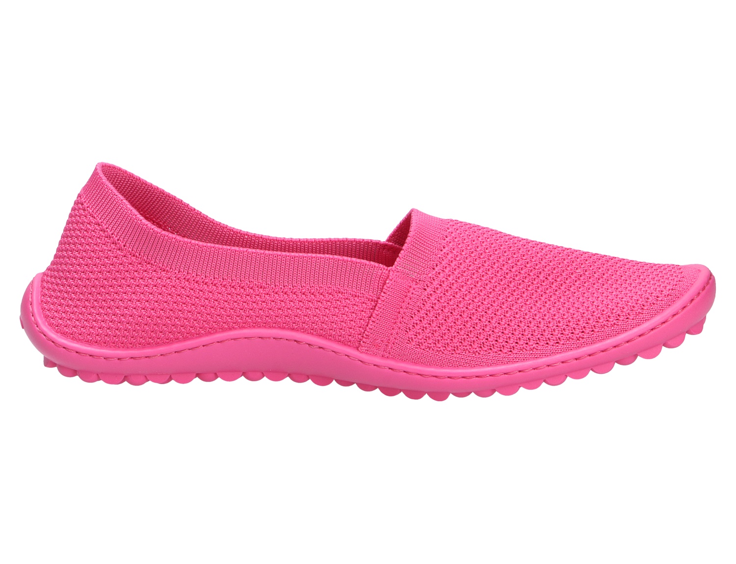 Leguano Flair Barfußschuh in Pink als leichter Slip-on mit flexiblem Strickobermaterial und profilierter Sohle, Seitenansicht