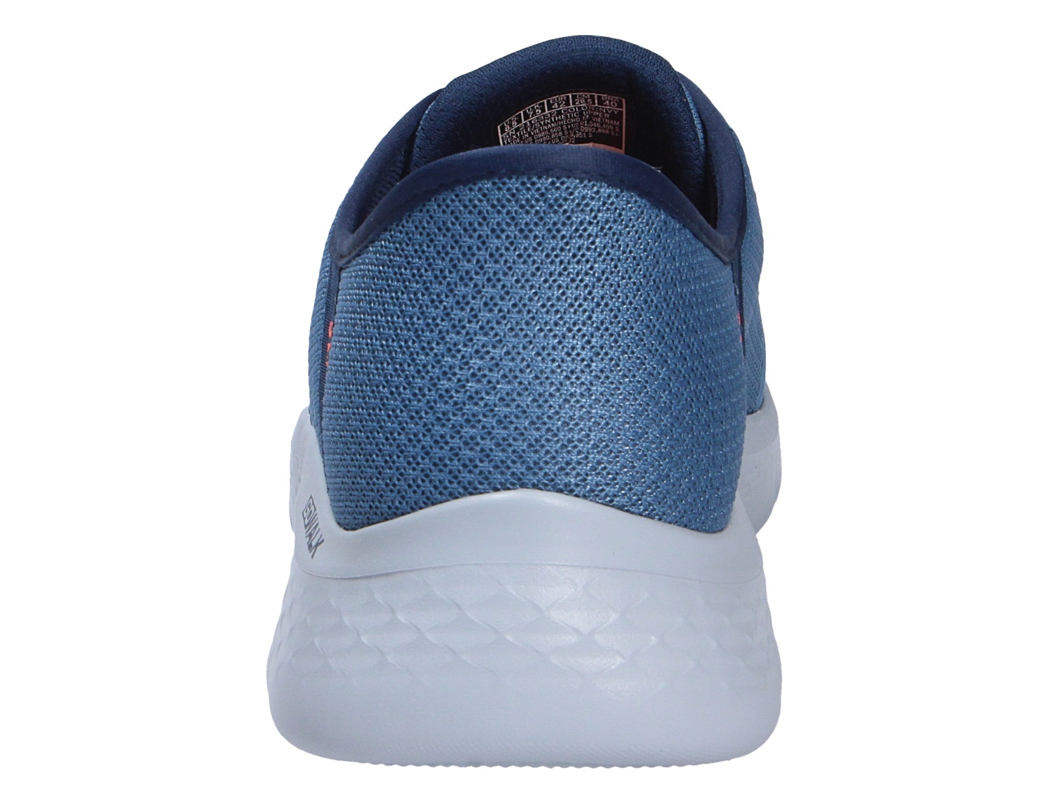Rückansicht eines blauen Skechers Herren Sneakers mit atmungsaktivem Obermaterial und weißer, dämpfender Laufsohle