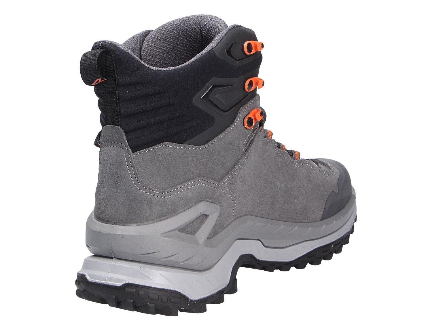 Lowa INNOVO GTX MID Herren-Trekkingstiefel in Grau mit orangefarbenen Details, aus Veloursleder mit hohem Schaft, griffiger Sohle und GORE-TEX Wetterschutz in Rückansicht
