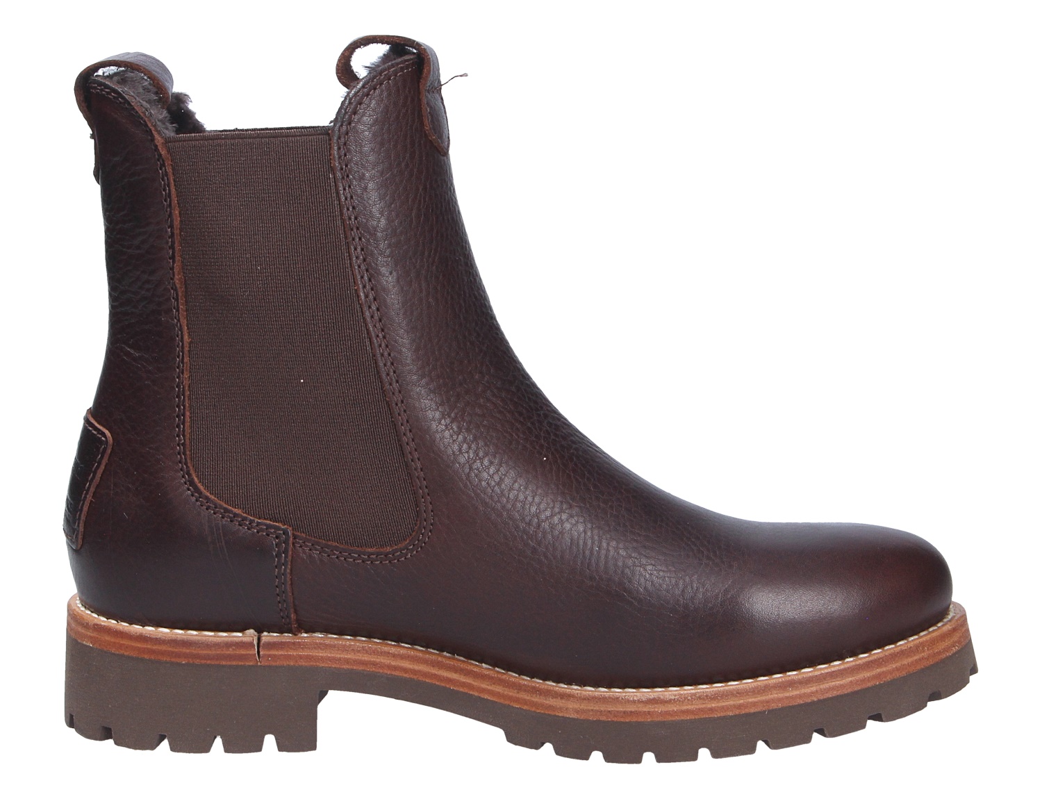 Panama Jack Francesca Chelsea-Boot aus dunkelbraunem Leder mit seitlichem Stretch-Einsatz, warmem Innenfutter und robuster Profilsohle