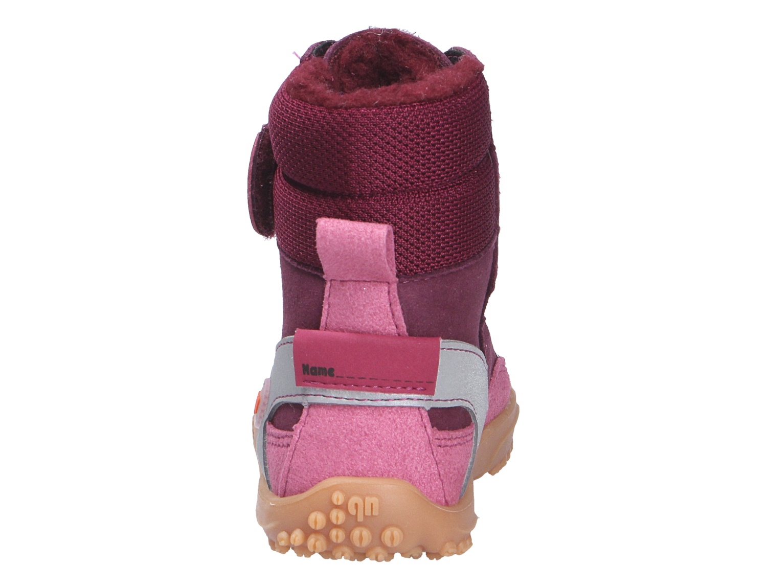 Rückansicht der Ricosta Mädchen Stiefel in Bordeaux und Rosa mit gepolstertem Schaft und griffiger Sohle