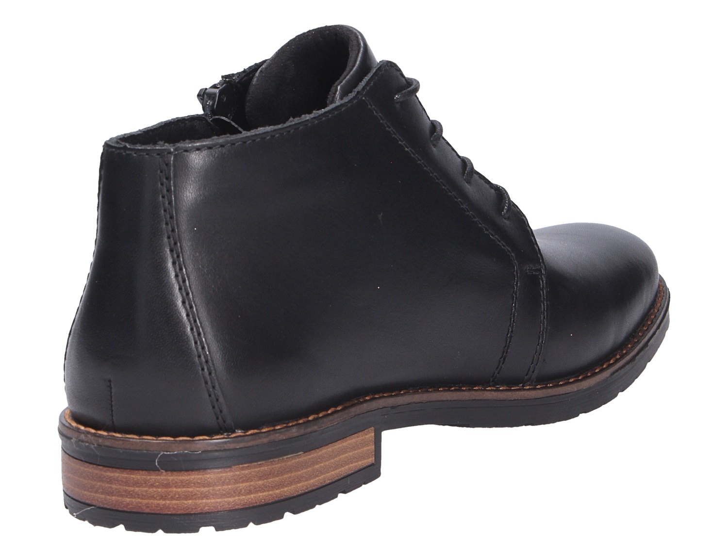 Rieker Herren Stiefel, schwarzer Lederstiefel in seitlicher Rückansicht mit Schnürung, Reißverschluss und braunem Absatz