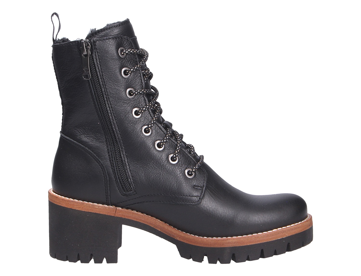 Panama Jack Padma schwarze Leder-Schnürstiefelette mit seitlichem Reißverschluss, Blockabsatz und Profilsohle
