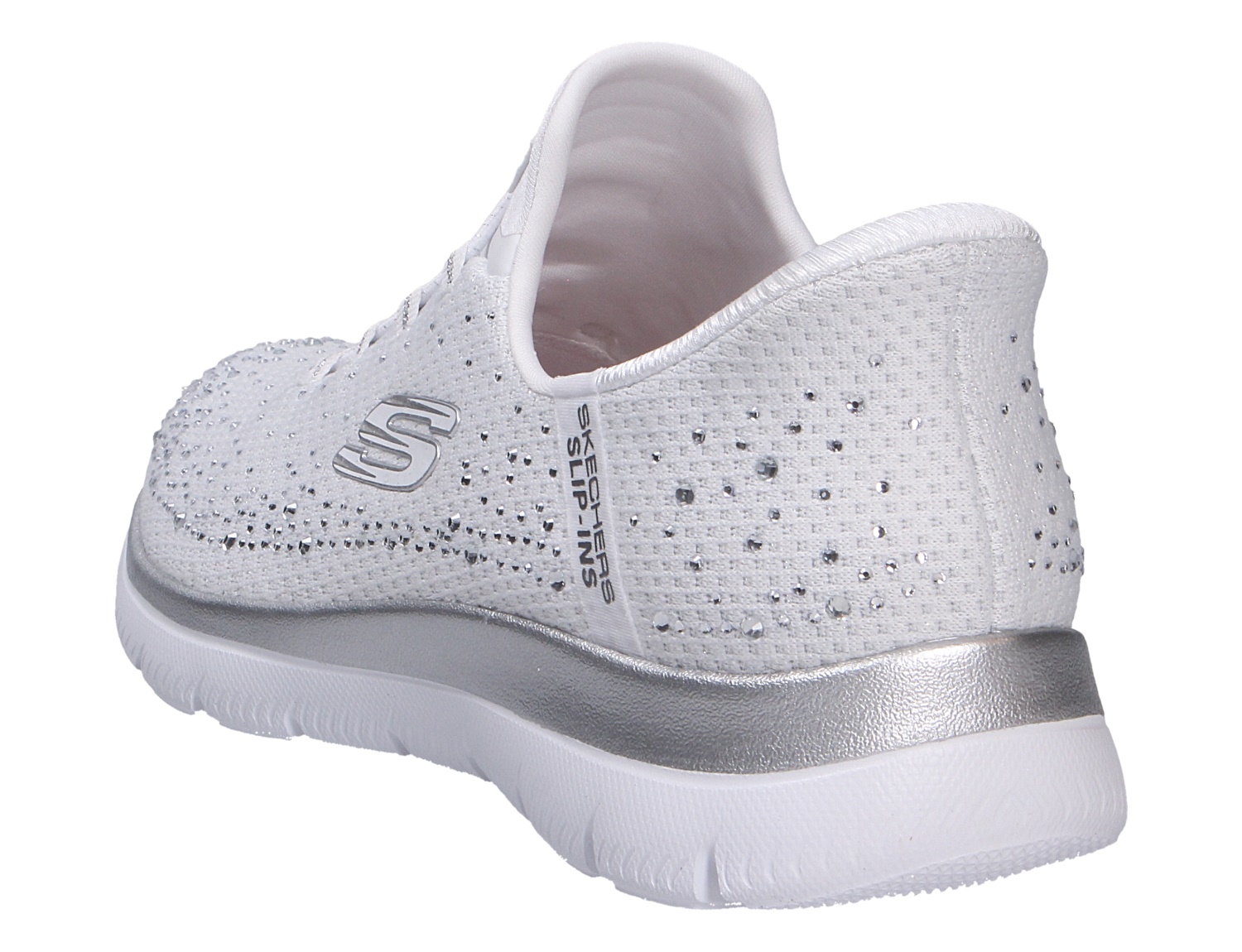 Skechers Summits Slip-Ins Sneaker in Weiß mit glitzernden Strasssteinen und silberner Sohle, Rück- und Seitenansicht