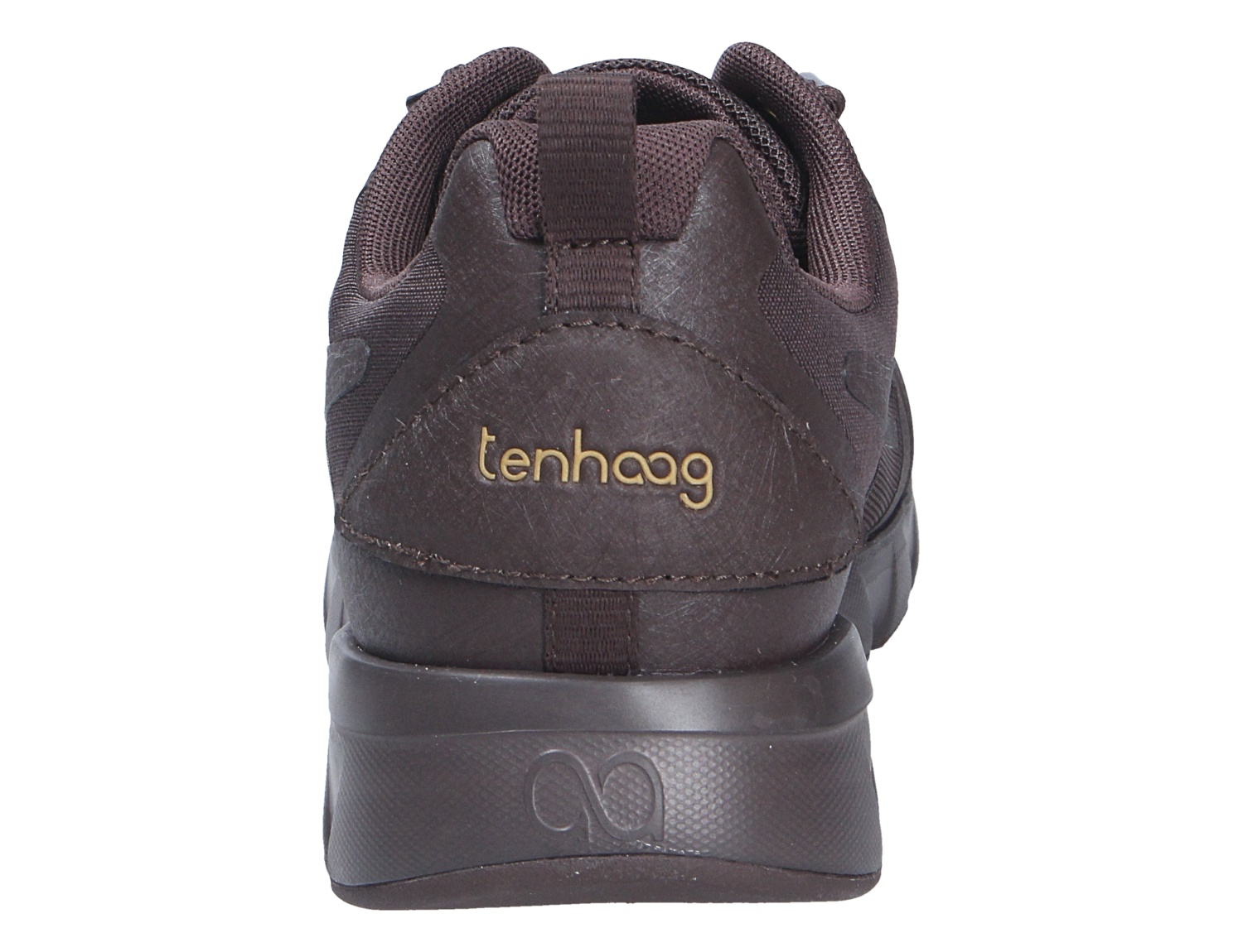 Rückansicht des tenhaag Damen Sneakers in Dunkelbraun mit gepolstertem Schaft, Zuglasche und tenhaag Logo an der Ferse