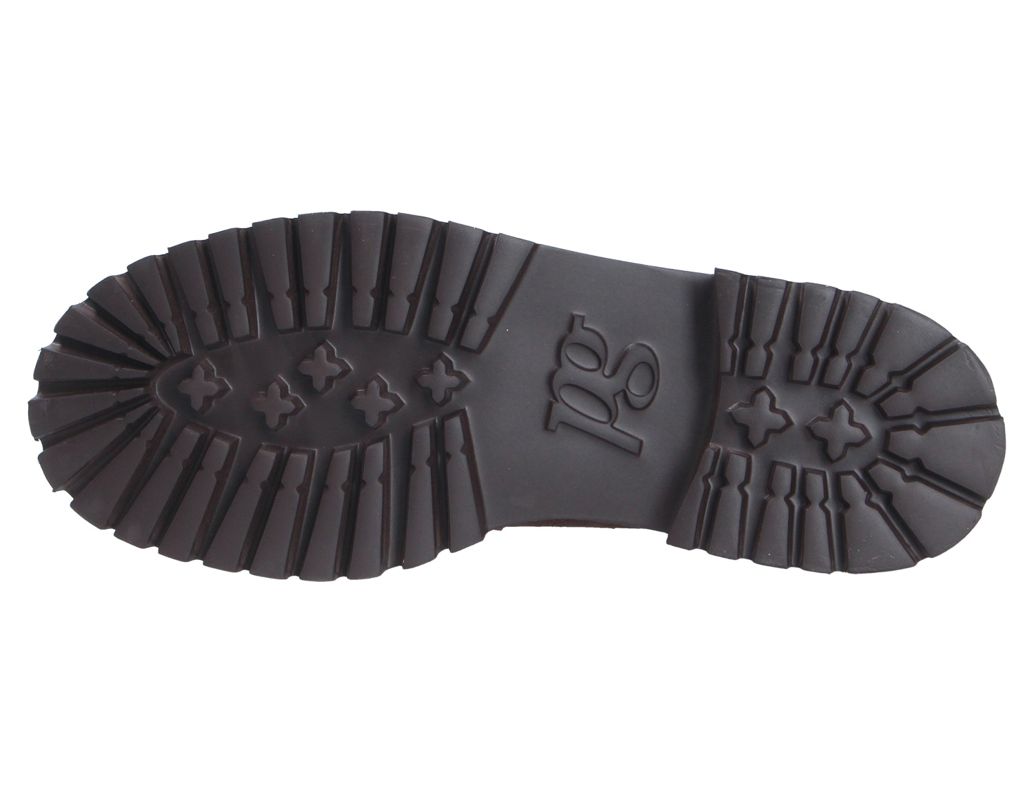 Unteransicht der schwarzen profilierten Laufsohle eines Paul Green Damen Slippers mit markantem Profil und eingeprägtem PG-Logo