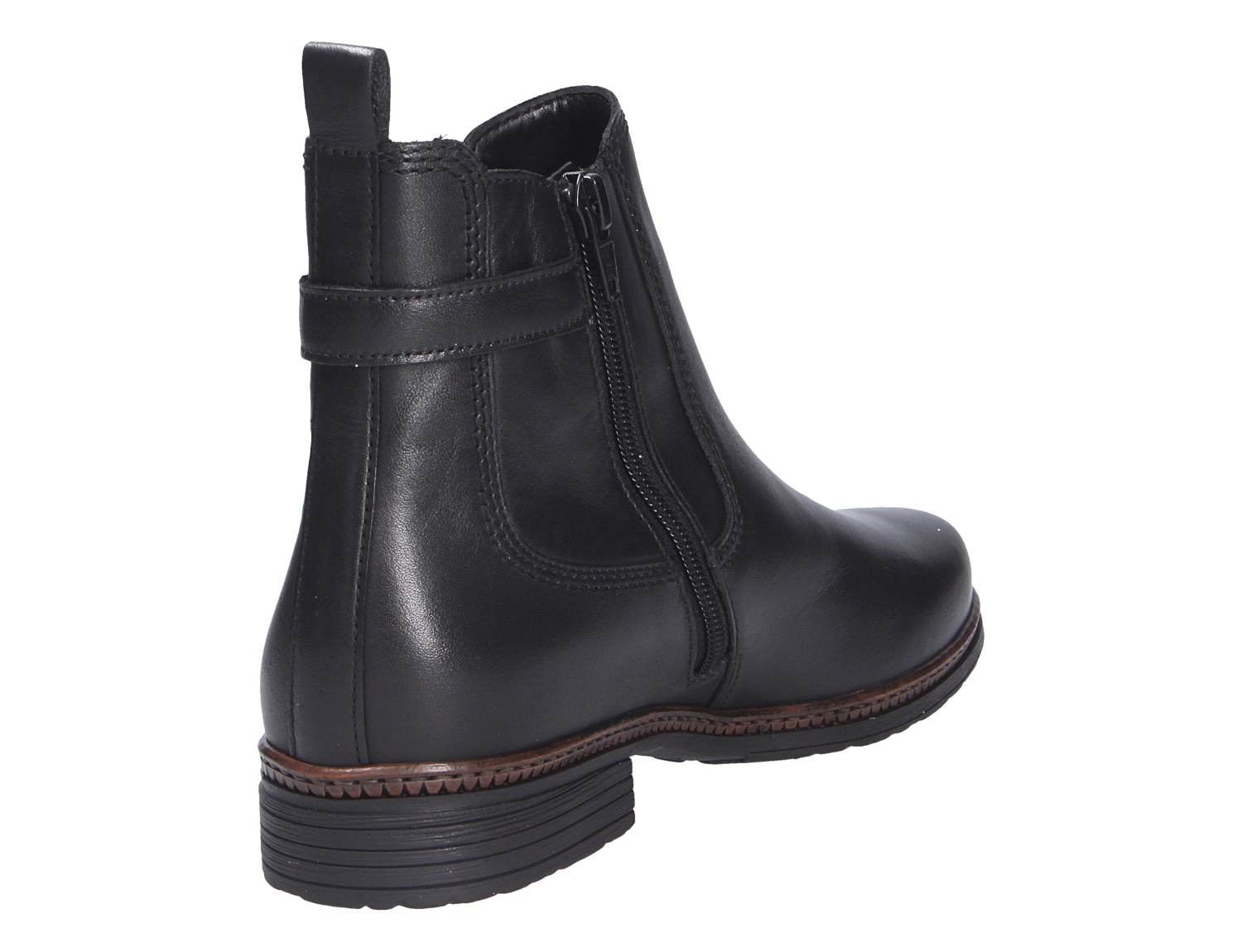 Gabor Damen Stiefel in Schwarz aus glattem Leder, seitliche Ansicht mit Reißverschluss, Zierschlaufe und niedrigem Blockabsatz