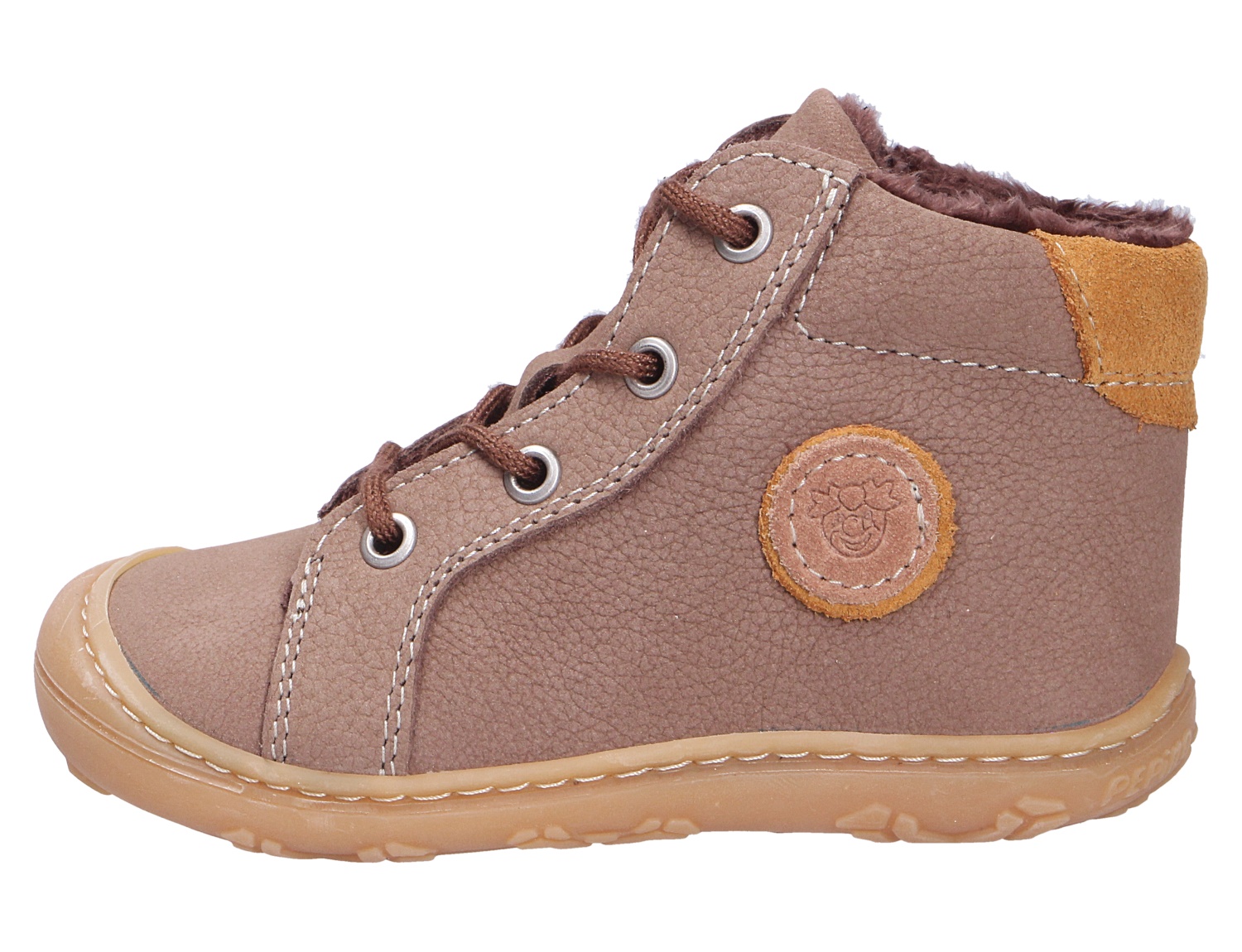 Ricosta Jungen Lauflernstiefel in Taupe, seitliche Ansicht, aus Leder mit Schnürung, warmem Innenfutter und flexibler Sohle
