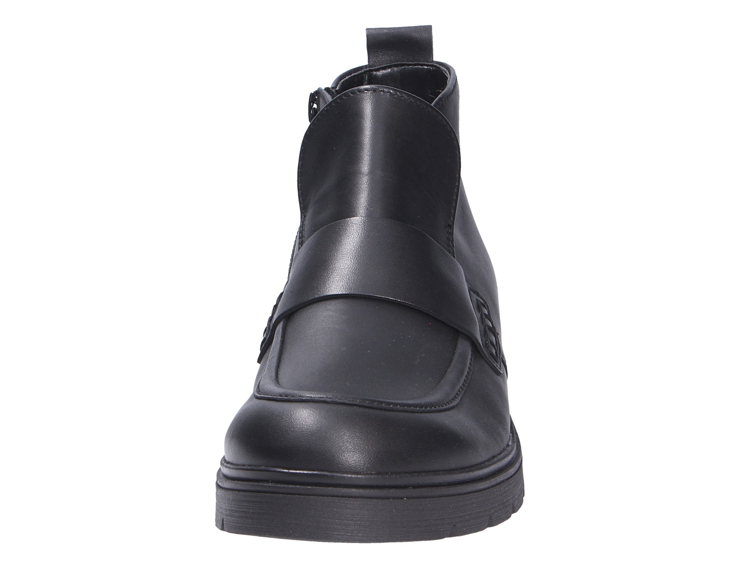 Frontansicht der schwarzen Gabor Damen Stiefel mit breitem Riemen, seitlichem Reißverschluss und markanter Sohle