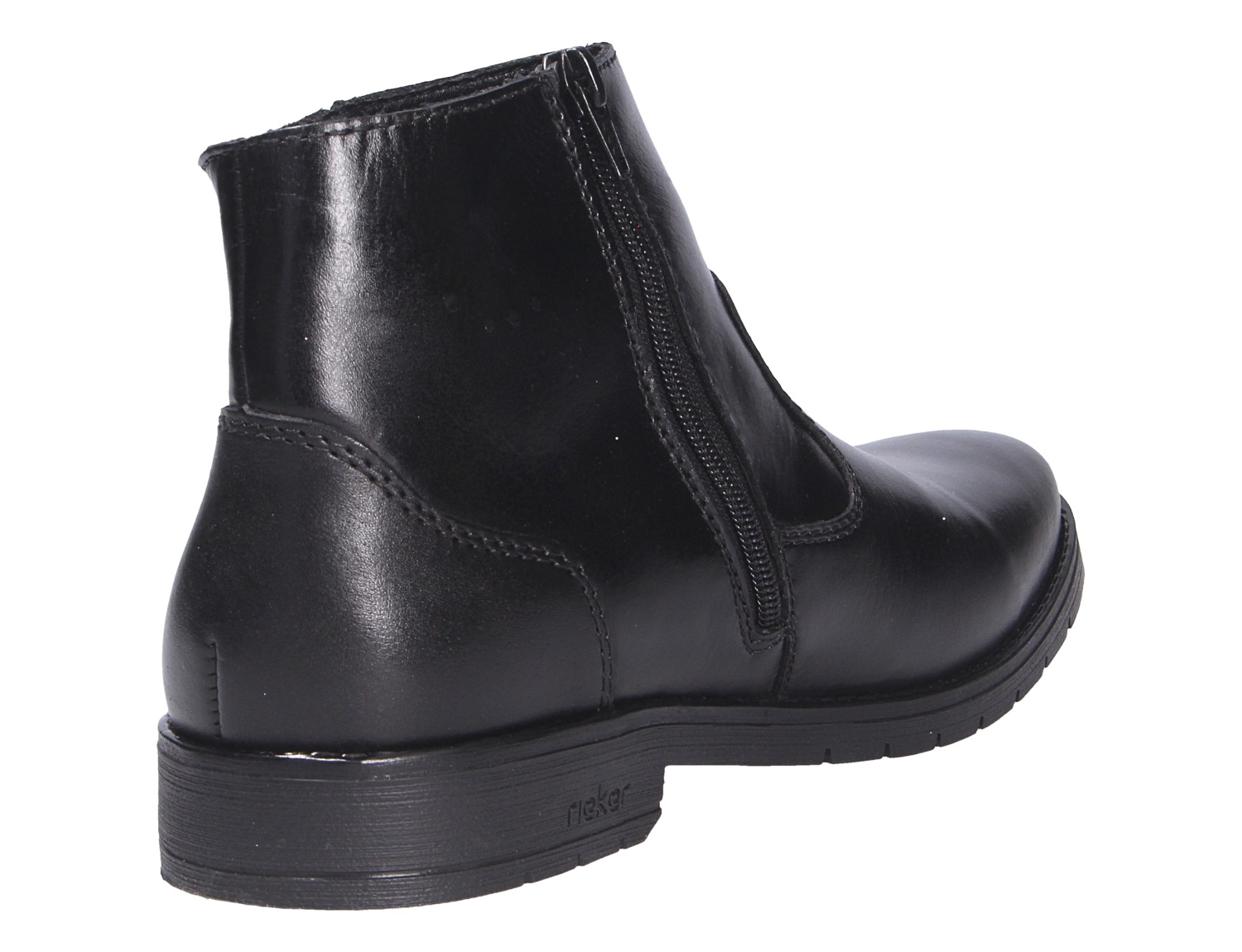 Schwarzer Rieker Herren Stiefel aus glattem Leder mit seitlichem Reißverschluss und flacher Sohle, Rückansicht schräg von der Seite