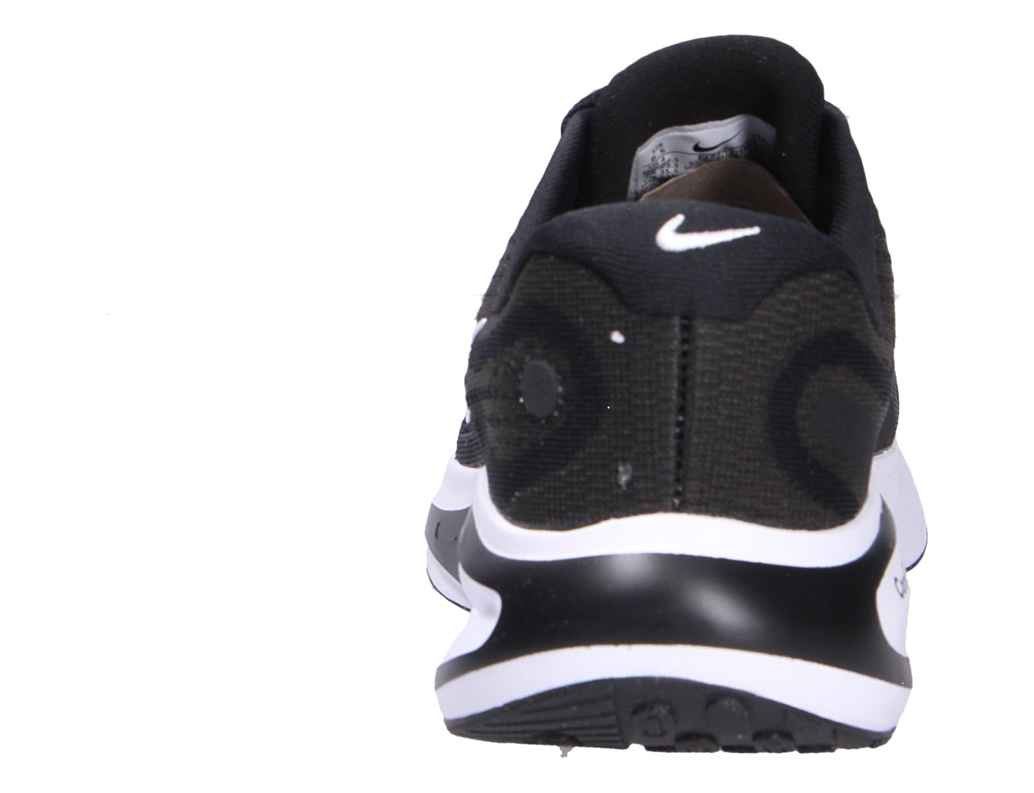 Rückansicht des schwarzen Nike Journey Woman’s Road Damen-Sneakers mit weiß-schwarzer Sohle, sportlicher Alltags- und Freizeitschuh