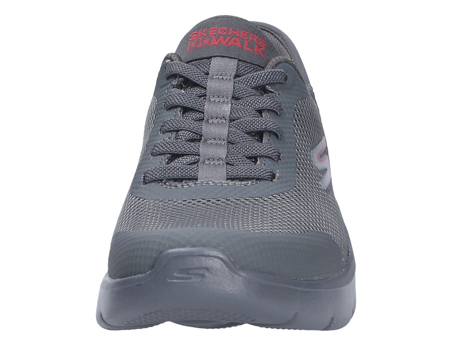 Frontansicht des grauen Skechers Go Walk Sneakers mit Schnürung, Mesh-Obermaterial und gepolsterter Sohle