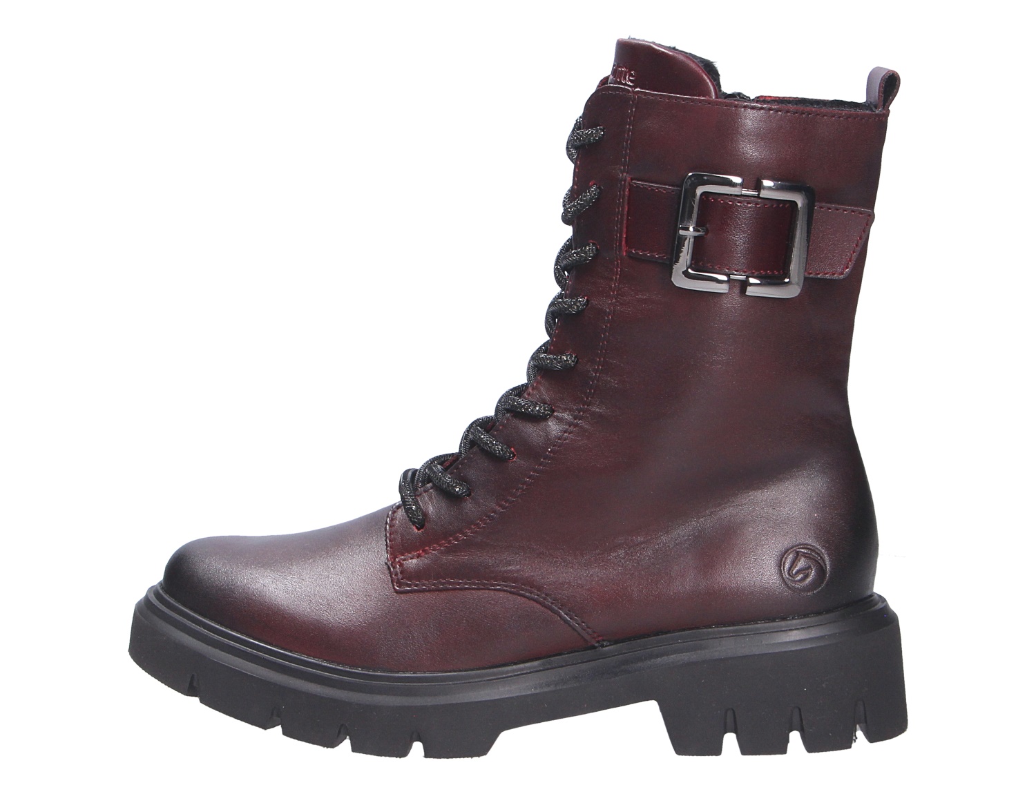 Remonte Damen Stiefel in Bordeaux, knöchelhoher Schnürstiefel aus Glattleder mit Zierschnalle und schwarzer Profilsohle, Seitenansicht