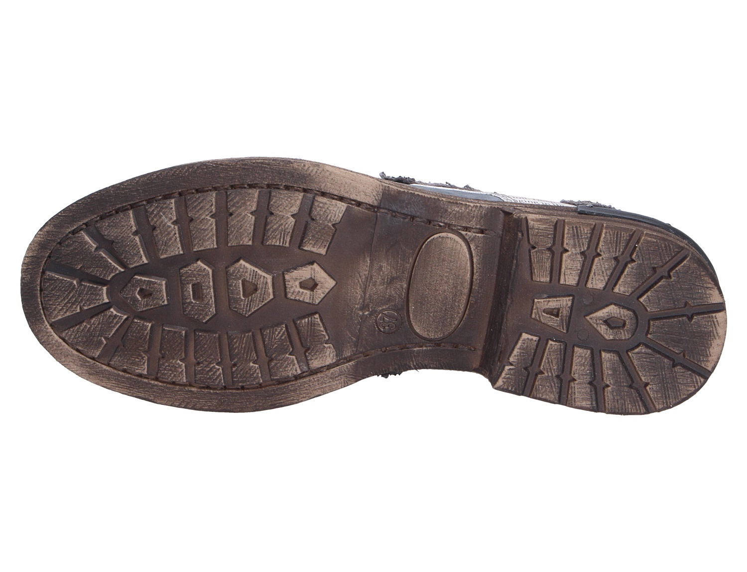 Unteransicht der robusten Schuhsohle des Charme ETNIC mit markantem Profil und blockigem Absatz in Braun