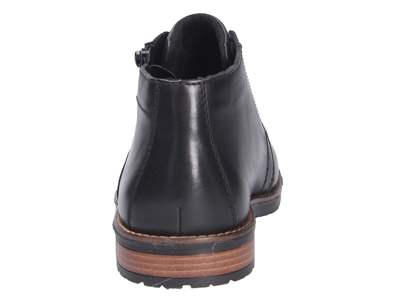 Rieker Herren Stiefel in Schwarz aus Glattleder, Rückansicht mit robustem Absatz und profilierter Sohle