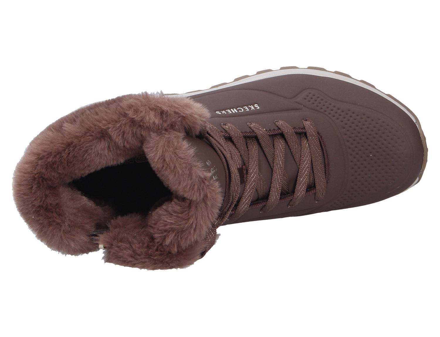 Draufsicht auf den braunen Skechers Uno Rugged Sneaker mit Schnürung und weichem Kunstfellkragen, ideal als warmer Winter-Schuh