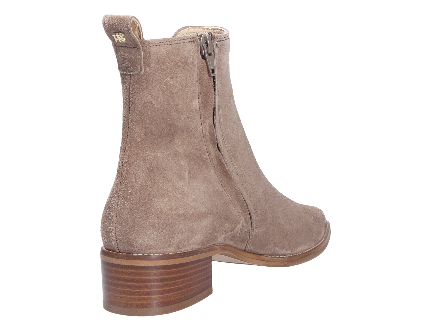 Paul Green Damen Stiefel in Taupe aus Veloursleder, seitliche Ansicht mit Reißverschluss, Zuglasche und mittelhohem Blockabsatz