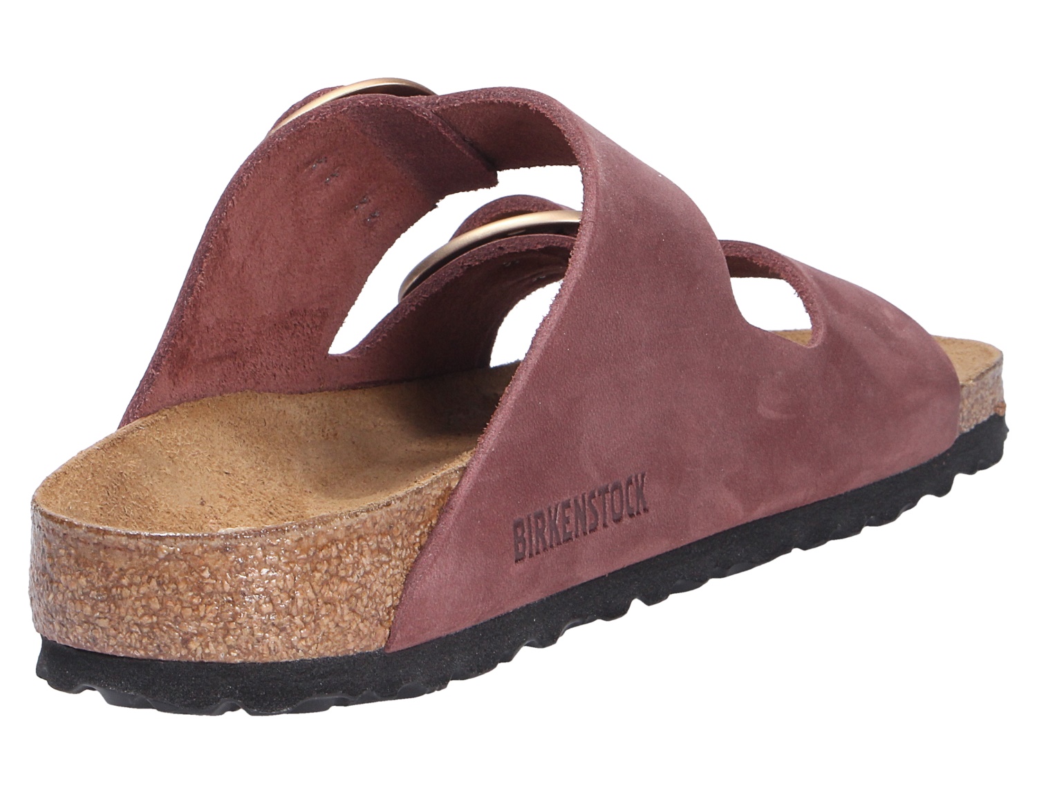 Birkenstock Arizona Big Buckle Sandale in Bordeaux, Rückansicht mit zwei breiten Riemen, großen Schnallen und anatomischem Kork-Latex-Fußbett