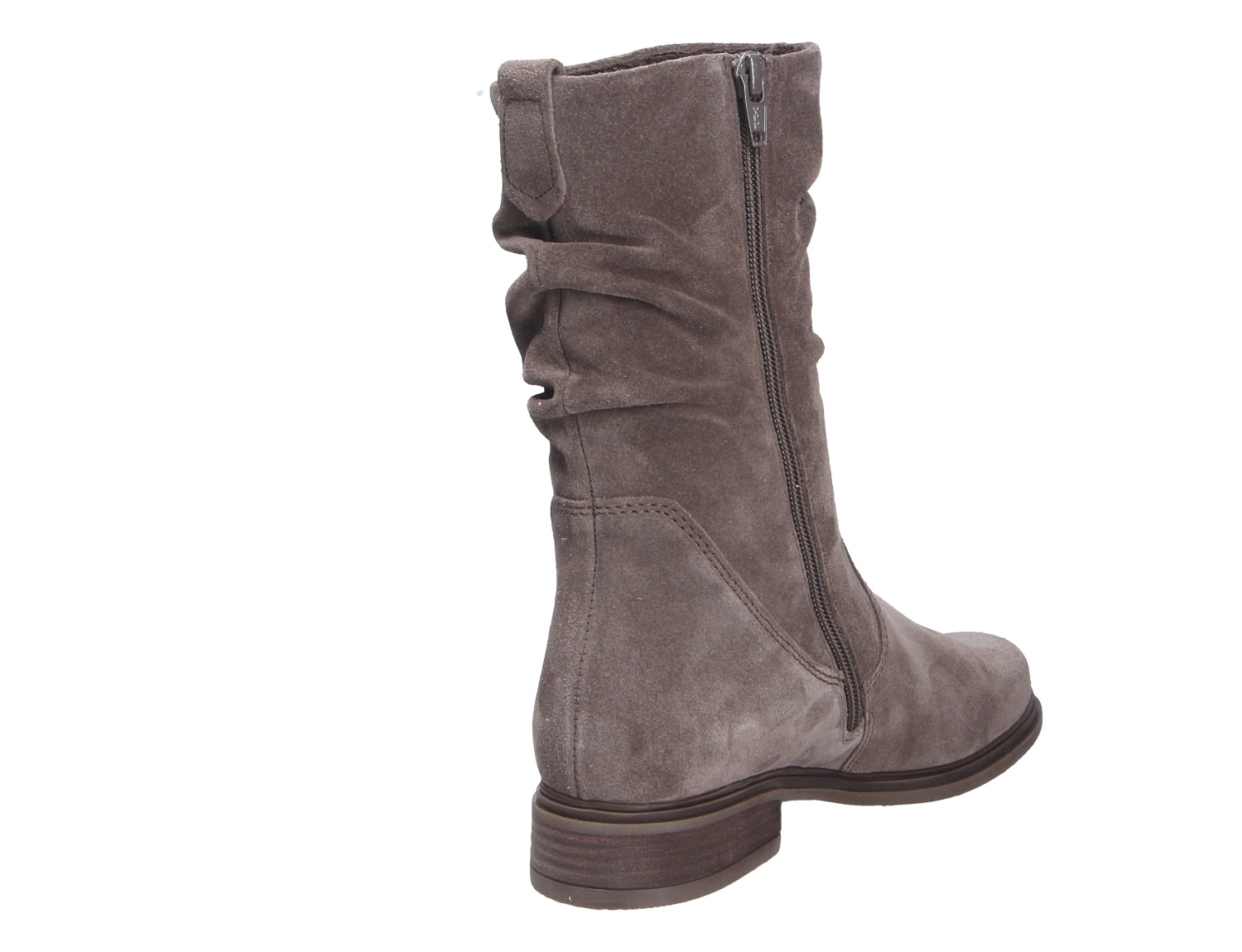 Gabor Damen Stiefel in Taupe aus Veloursleder, seitliche Rückansicht mit Reißverschluss, gerafftem Schaft und flachem Blockabsatz