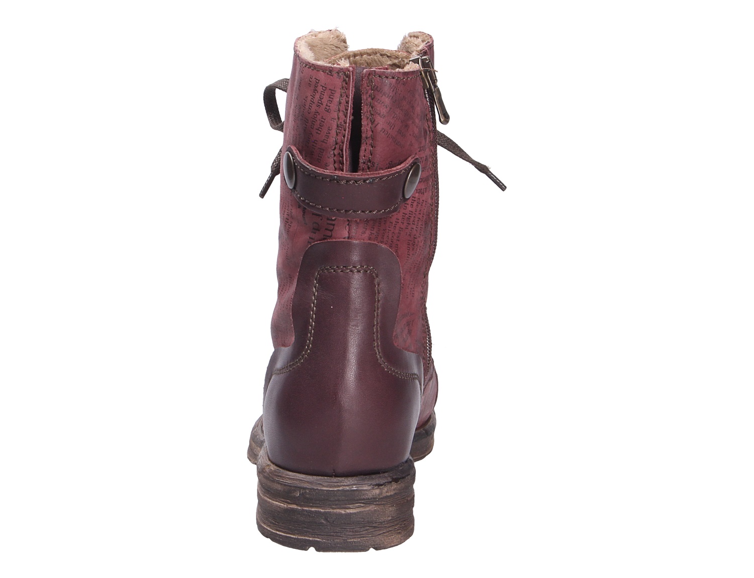 Rückansicht der Charme Etnic 26 Damen-Stiefelette in Bordeaux mit Reißverschluss, Schnürung, dekorativer Lasche und warmem Innenfutter