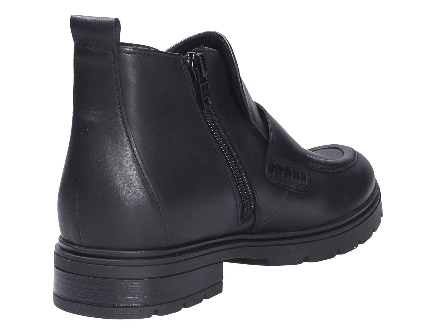 Gabor Damen Stiefel in Schwarz aus Glattleder, seitliche Rückansicht mit Reißverschluss, Zierlasche und robuster Profilsohle