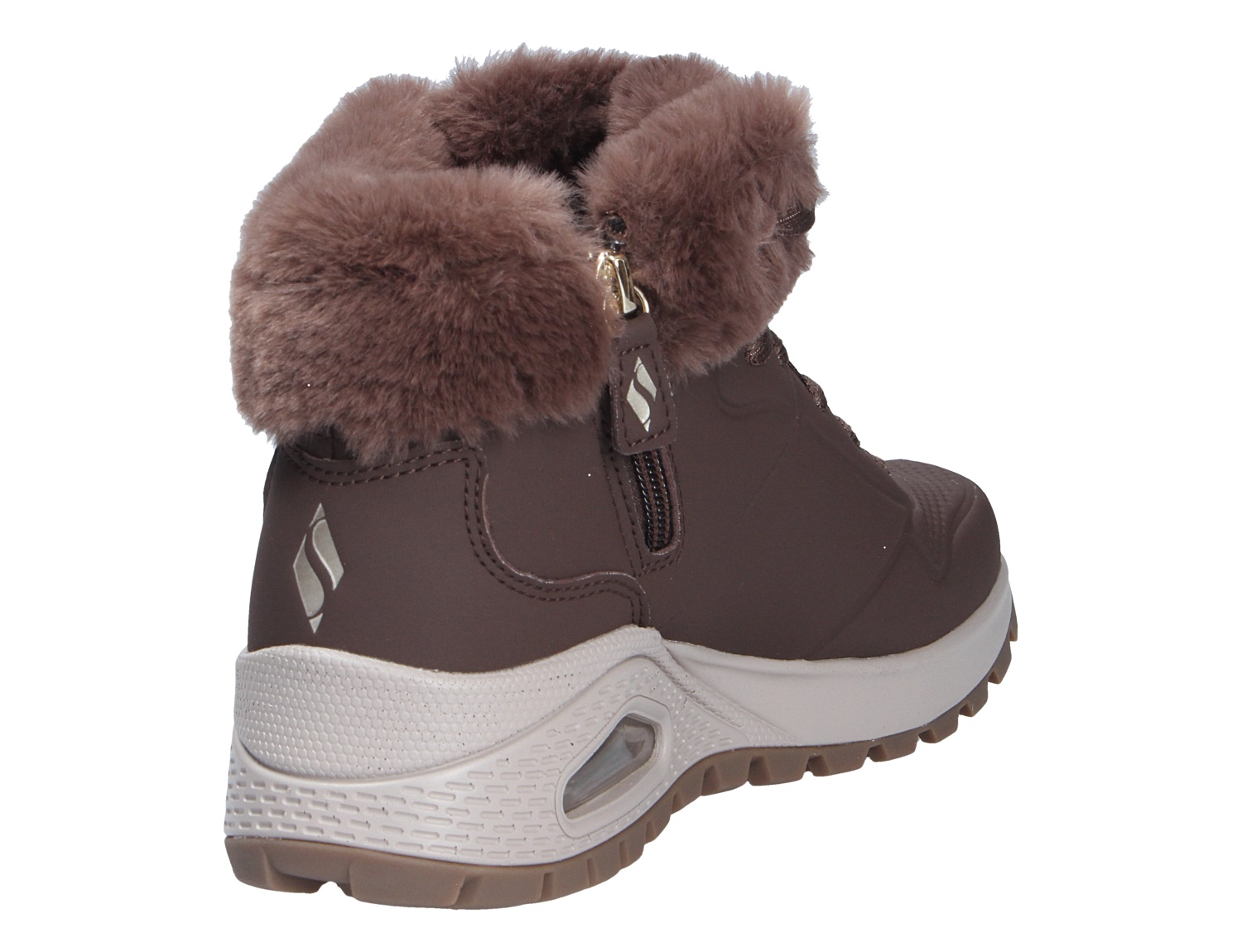 Skechers Uno Rugged braune Winterstiefelette mit weichem Kunstfellkragen, seitlichem Reißverschluss und profilierter Sohle in Rückansicht