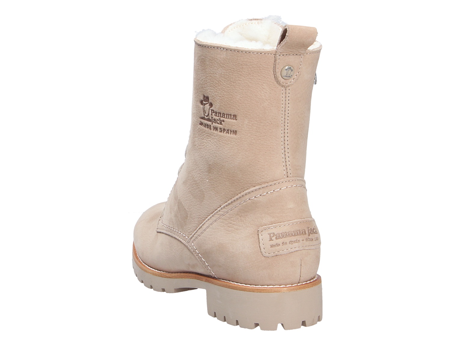 Rückansicht der Panama Jack Fara Damen Stiefelette in Beige aus Leder mit warmem Lammfellfutter und profilierter Sohle