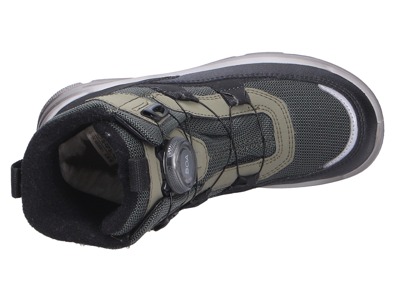 Draufsicht auf den Superfit MARS Sneaker in Oliv und Schwarz mit BOA-Verschluss, gepolstertem Schaft und sportlicher Sohle.