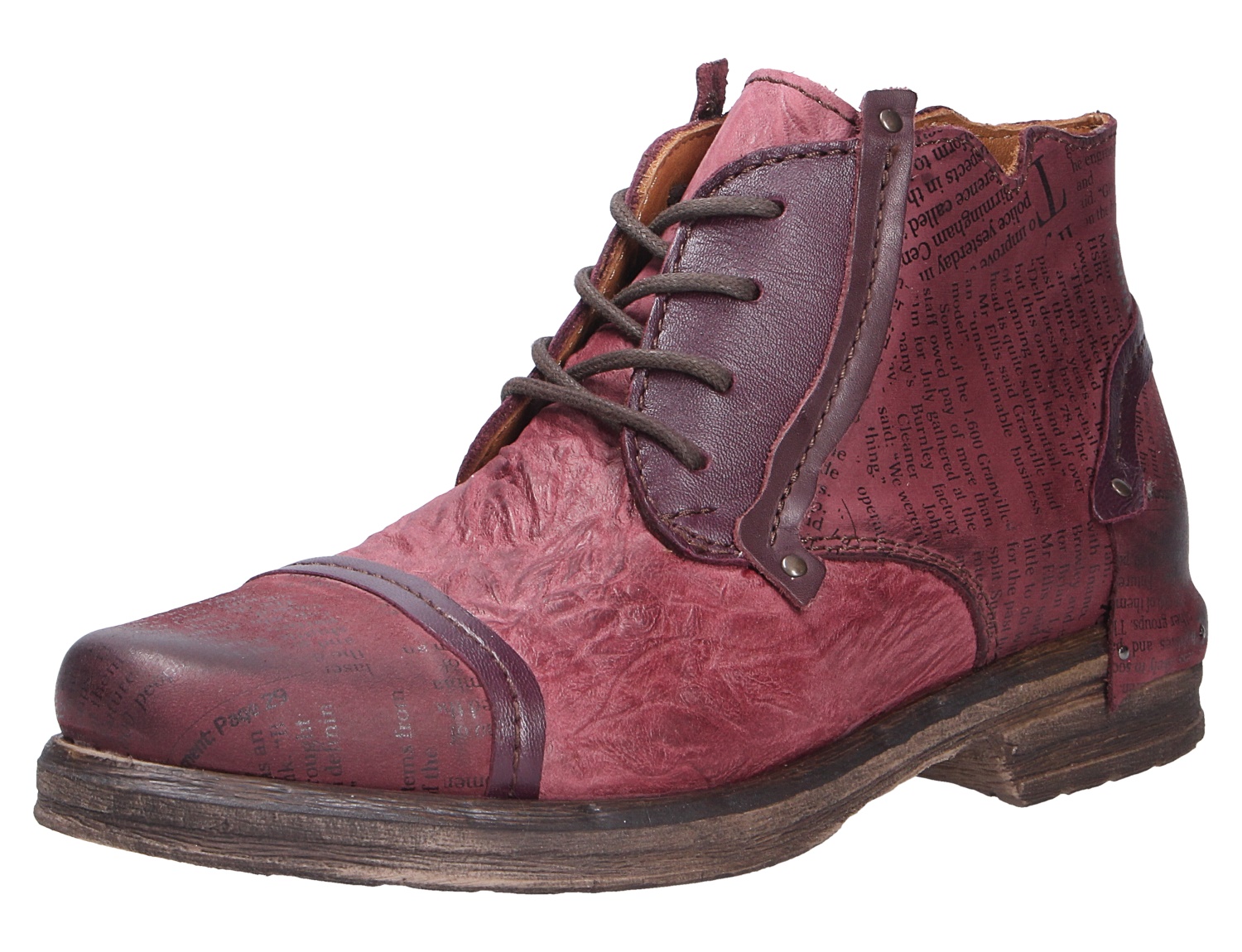 Charme ETNIC Damen-Stiefelette in Bordeaux, knöchelhoch mit Schnürung, Used-Look, Strukturleder und seitlichem Schrift-Print