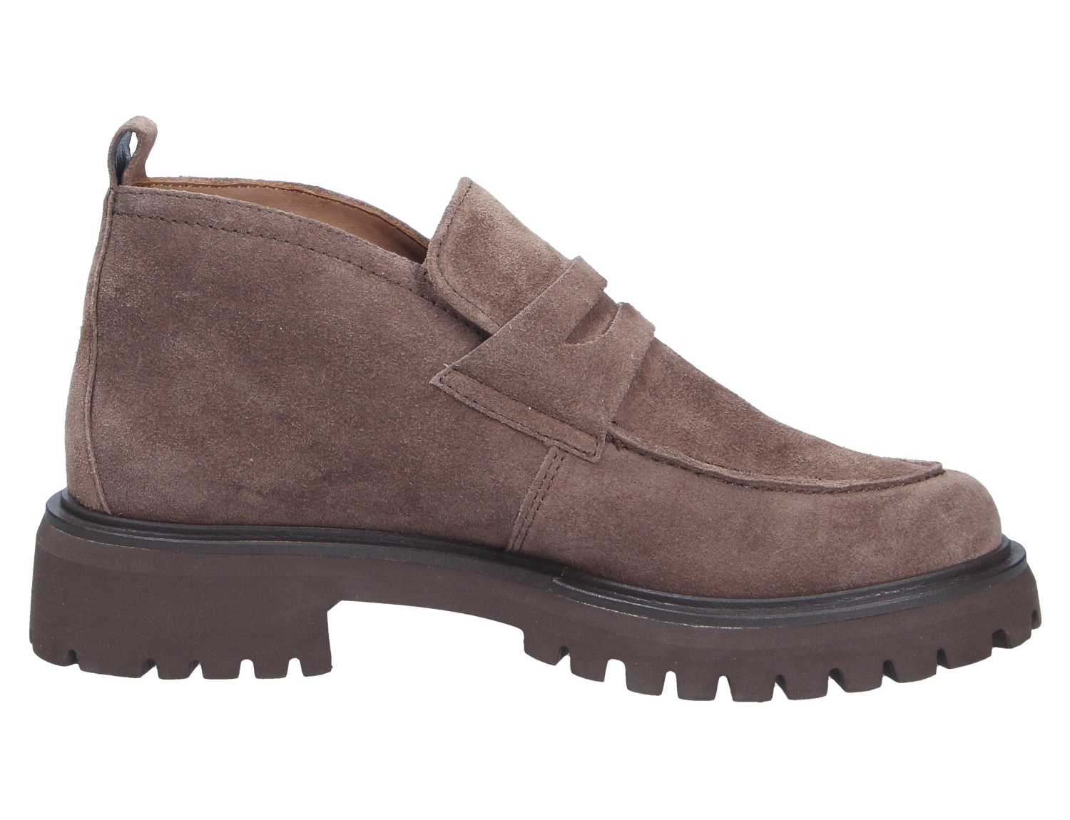 Paul Green Damen Slipper in Taupe aus Veloursleder, seitliche Ansicht, mit Penny-Riemen und robuster Profilsohle