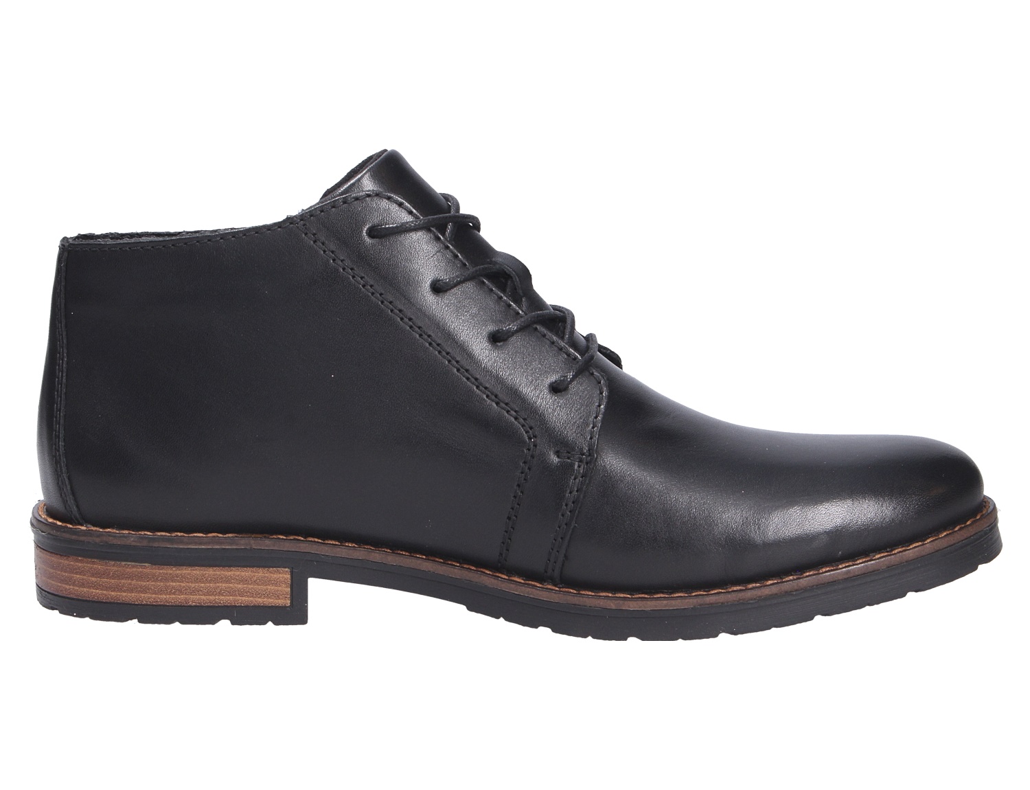 Rieker Herren Stiefel in Schwarz, eleganter knöchelhoher Schnürstiefel aus Glattleder mit braunem Absatz in Seitenansicht