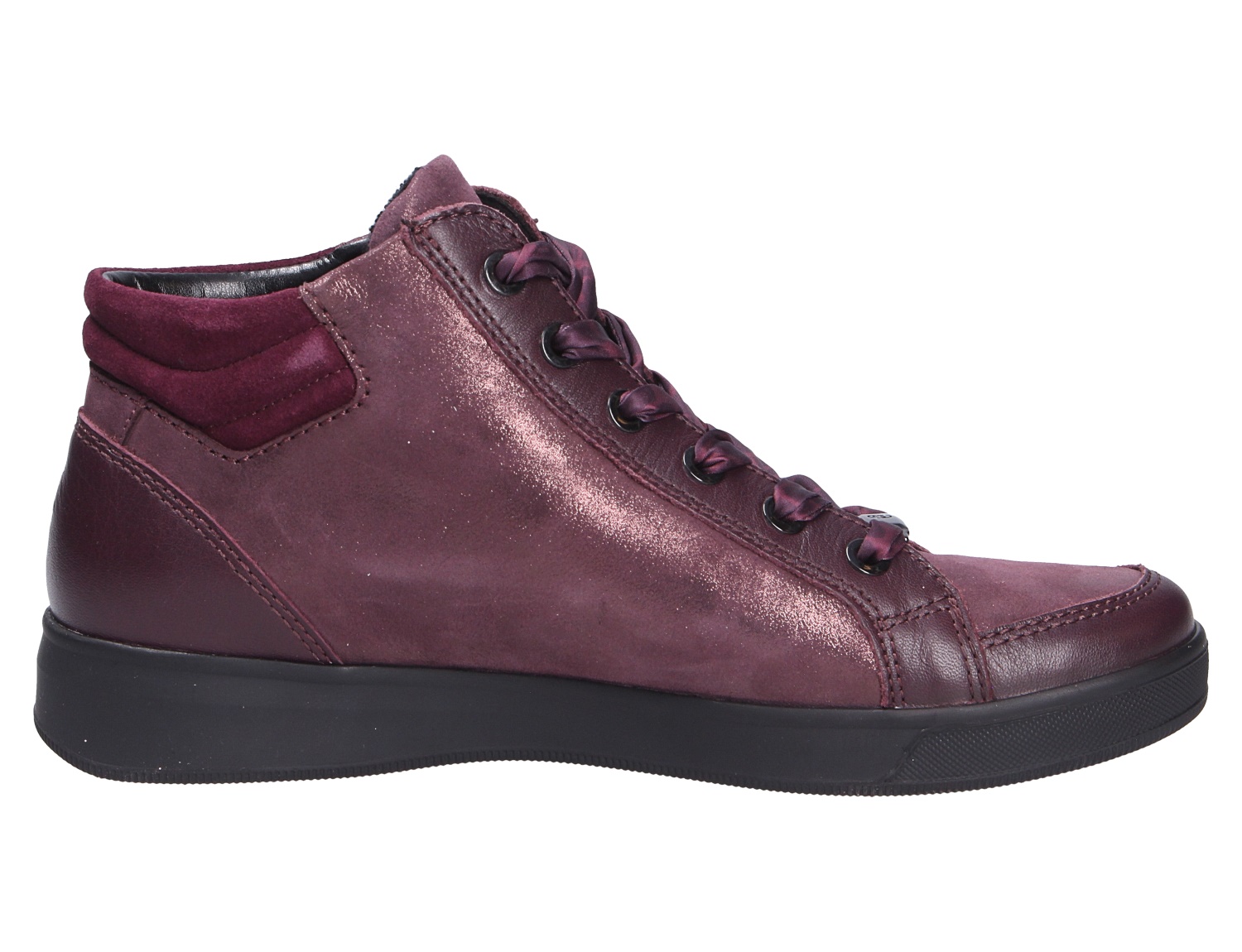 Ara ROM knöchelhoher Damen-Sneaker in Bordeaux, Seitenansicht, mit schimmerndem Leder, Veloursdetails, Schnürung und schwarzer Sohle