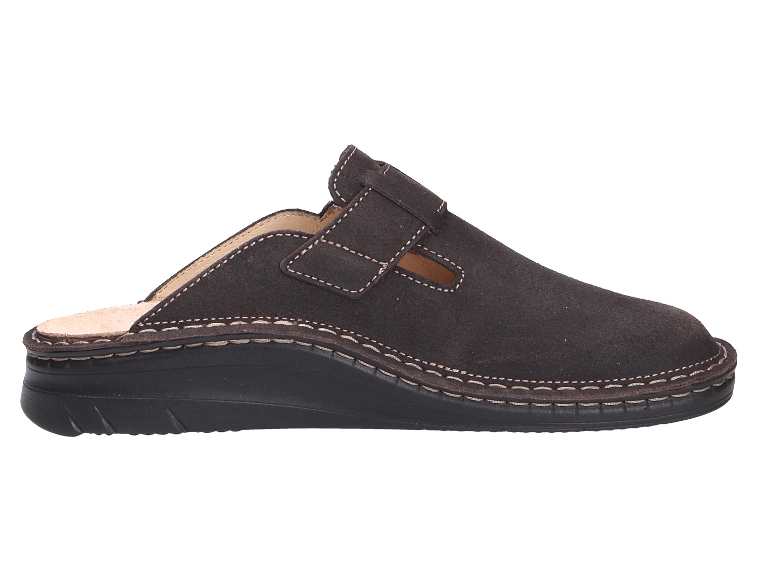 Finn Comfort PETARE, dunkelbraune Clog-Pantolette aus Veloursleder mit Klettverschluss und schwarzer Komfortsohle in Seitenansicht