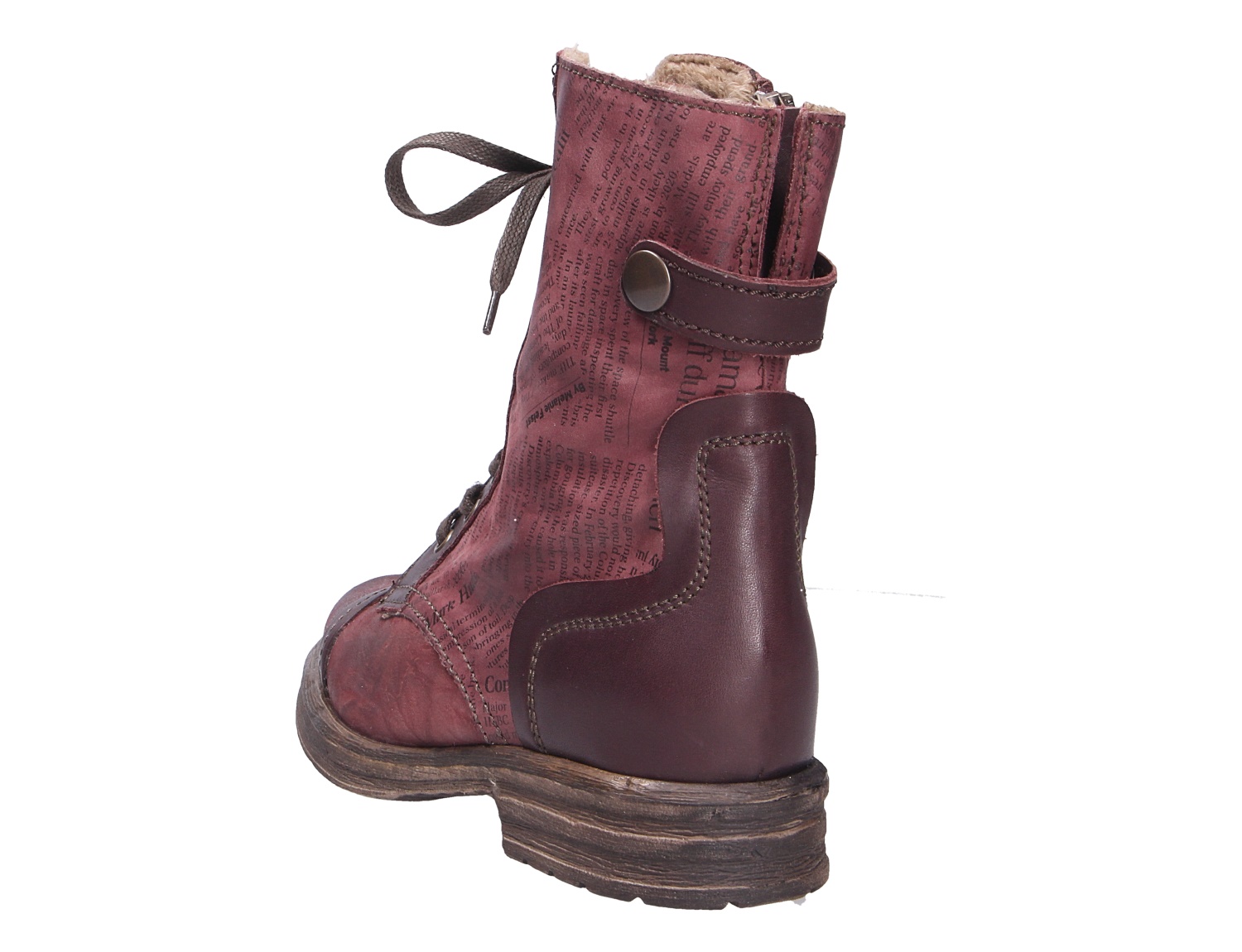Rückansicht der Charme Etnic 26 Damen-Stiefelette in Bordeaux mit Schrift-Print, Schnürung, seitlichem Reißverschluss, Riemen und robuster Sohle