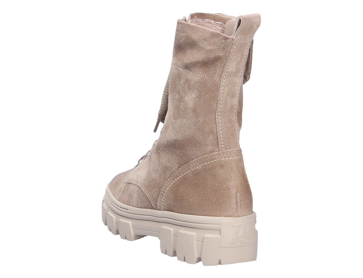 Rückansicht der Paul Green Damen Stiefel aus beigem Veloursleder mit Schnürung und markanter Profilsohle