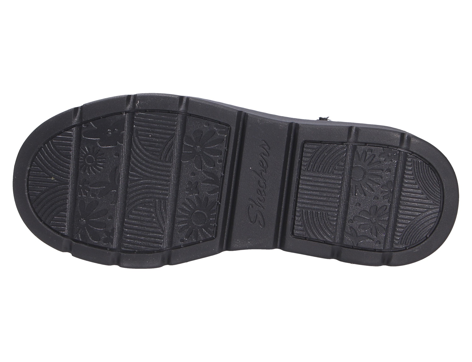 Unteransicht der schwarzen Laufsohle des Skechers Keepsakes Cozy mit floralem Profil und rutschhemmender Struktur